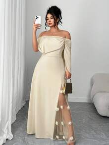 Elenzga Vestido asimétrico elegante con parches de malla y estampado floral retro francés de moda