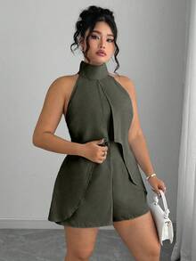 Elenzga Plus Size Women Solid Color Casual Halter Romper Green Romper Women Sage Dress Dress Romper Olive Dress