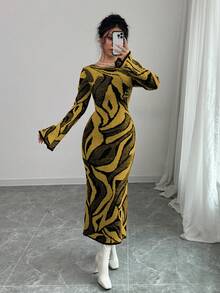 Elenzga Women's Casual Patterned Bell Sleeve Fitted Knit Dress, Autumn/Winter - Yellow - View 4