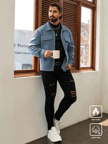 Manfinity Homme 男士灰藍色秋季休閒夾克，純色短版冬季長袖抓絨內裡外套，適合徒步與秋季穿著 - 淺藍色 - 查看 4