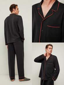 LUVLETTE Christmas & New Years Pajamas Couple Autumn And Winter Soft 100% Pure Cotton Basic Black Long Button-Up Top & Pants Pajama Sets For Men Lounge Sets For Men Pants With Pockets Fall Pajamas - Black - View 3