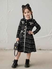 SHEIN Serisse Kids 年轻女孩优雅黑色粗花呢长袖中长连衣裙，适合派对、生日、圣诞节、活动、聚会、野餐、姐妹装 - 黑色 - 查看 8