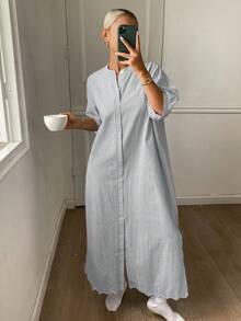 DAZY 條紋中長洋裝附荷葉邊下擺，女款休閒居家睡衣 - 淺灰色 - 查看 4