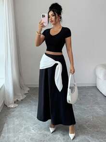 Elenzga Women's Elegant Black & White Color Block Tie-Waist Skirt, Suitable For Autumn/Winter, Thanksgiving, Elegant Parties, Christmas, New Year - Black - View 3