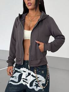 StreetHx 复古美式设计休闲女式深灰色连帽运动衫夹克，秋季 - 灰色 - 查看 3