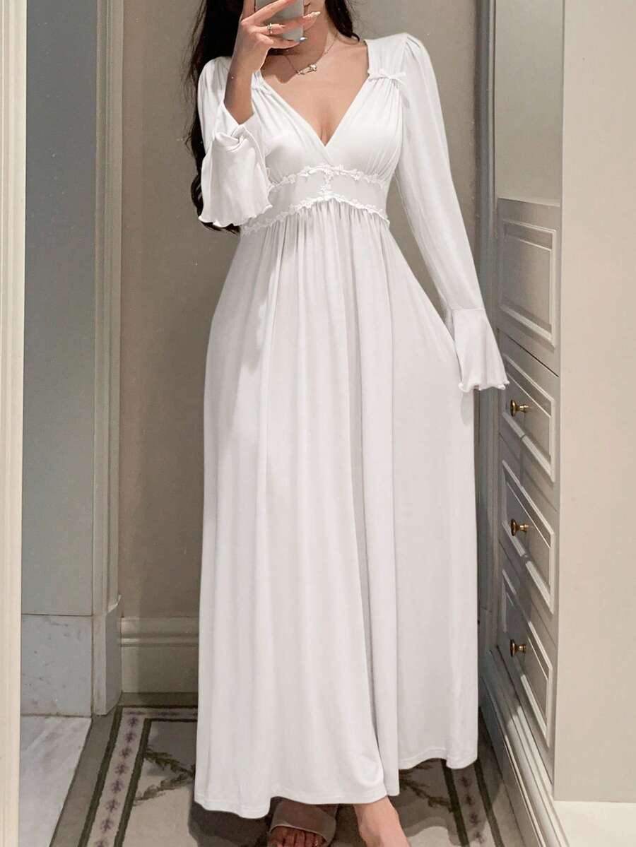 DAZY Camisón largo de mujer con diseño de volantes fruncidos, adorno de encaje en la cintura y mangas con volantes, de estilo romántico - Blanco - Ver 1
