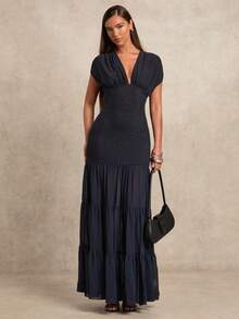 Glamine 女士时尚V领派对修身针织撞色网眼连衣裙 - 藍色 - 查看 2