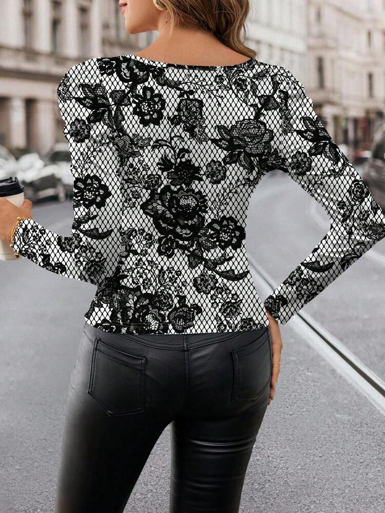SHEIN Clasi Top de Manga Longa Casual Minimalista com Decote Quadrado e Manga Gigot em Estampa de Onça, Adequada para Primavera e Outono - Preto e Branco - Visão 2