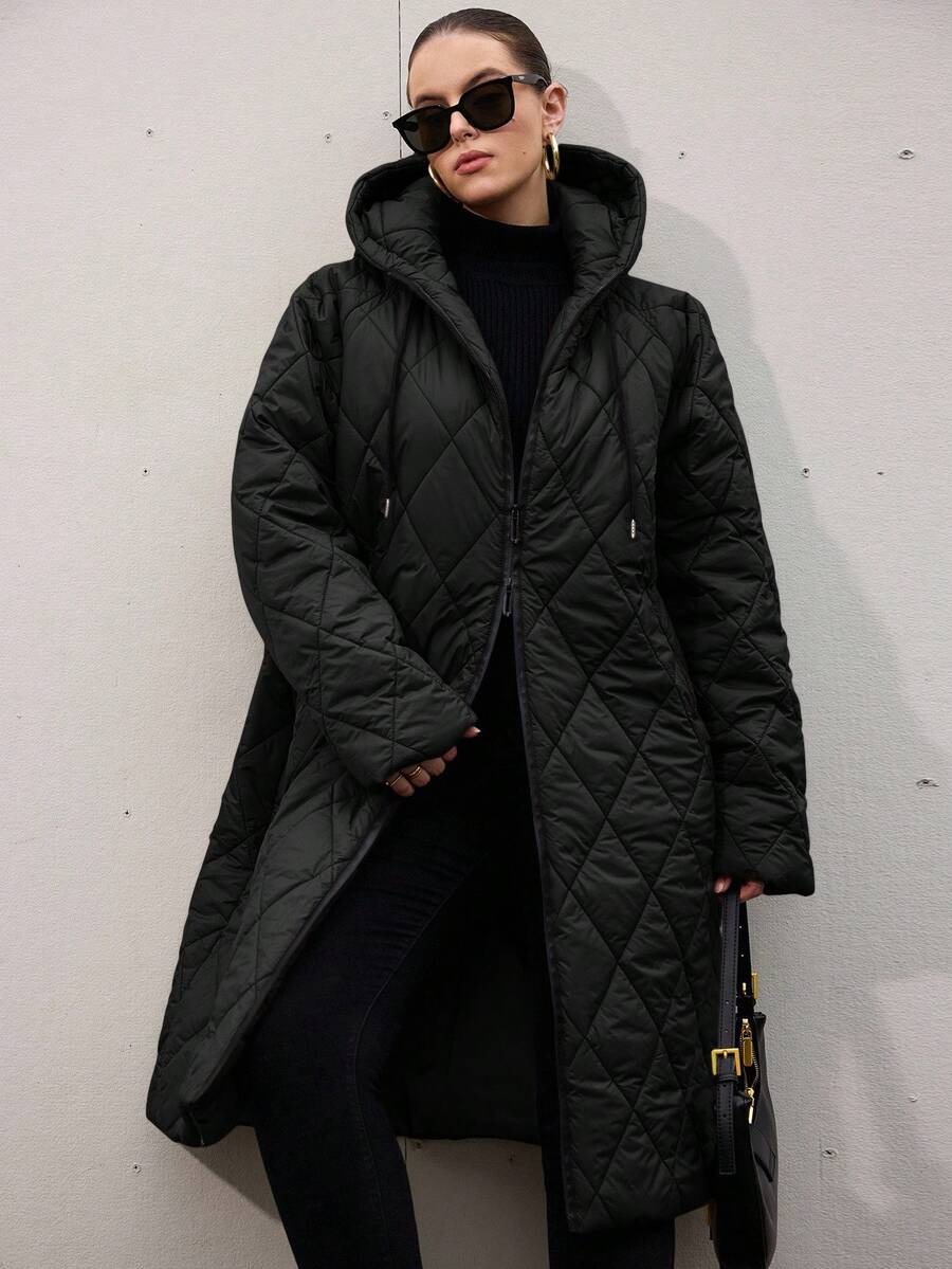 Aveloria Modichic Plus Size Padded Coat, Fashionable Hooded Coat - Black - View 1