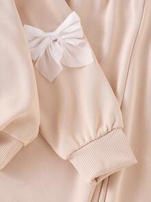 Elladie kids 两件套女童浅杏色蝴蝶结卫衣上衣和裤子套装，秋冬季，儿童时尚卡通可爱女童服装 - 卡其色 - 查看 5