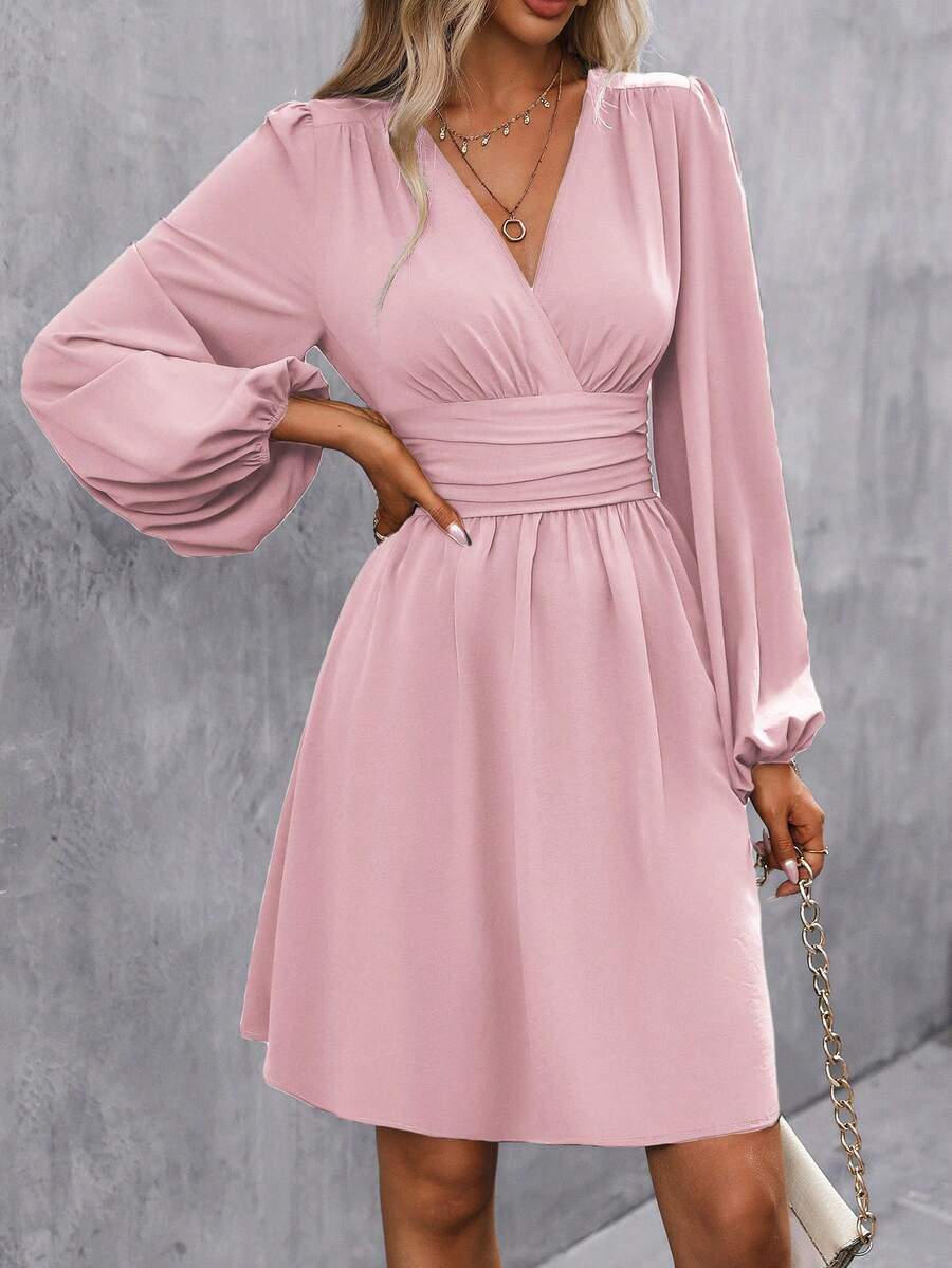 EMERY ROSE 女士优雅纯色灯笼袖连衣裙，适合通勤 - 粉色 - 查看 1