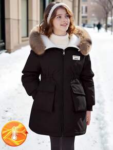 SHEIN 青少年秋冬新款派克大衣冬季毛领大口袋连帽收腰简约时尚中长款棉质外套 - 黑色 - 查看 4