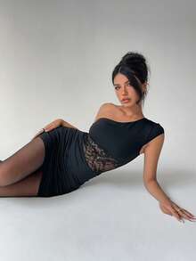 Aloruh Đầm ôm sát vai hở vai bất đối xứng phối ren đen gợi cảm mới - màu đen - Xem 4