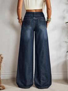 EMERY ROSE Damskie jeansy z szerokimi nogawkami i kieszeniami, luźne, uniwersalne - Ciemny jeans - Zobacz 3