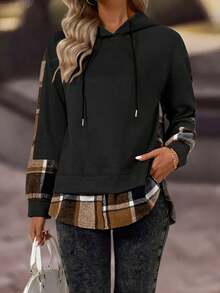 EMERY ROSE 女式格子拼接长袖休闲抽绳连帽运动衫 - 黑色 - 查看 3