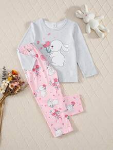 少女圆领长袖针织套装，可爱猫咪和条纹图案，时尚舒适的家居服，适合春秋季节 - 粉色 - 查看 3