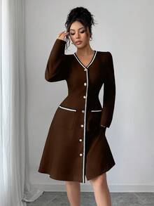 Rafferiza فستان نسائي بياقة على شكل حرف V وأكمام طويلة، خصر مشدود بتريم متباين، خصر مشدود وتنورة على شكل حرف A، طول متوسط، خريف/شتاء - قهوة بني - مشاهدة 4