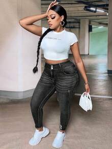 SHEIN SXY Jeans skinny strappati in vita alta, casual, adatti per tutti i giorni e per l'ufficio, moda di strada, taglie forti per donne - nero - Visualizzare 3