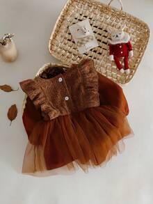SHEIN Baby Girls' Jacquard Ruffle Hem Multi-Layer Tulle Long Sleeve Dress, Autumn/Winter - Brown - View 2