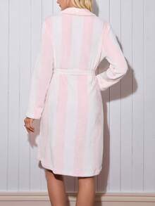 SweetSlumber Women's French Elegant Striped & Contrast Heart Embroidery Cozy Loose Tie Waist Fluffy Winter Robe - Multicolor - View 2