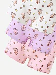 SHEIN 6 件套女童可爱俏皮卡通水豚印花棉质内裤，适合所有季节