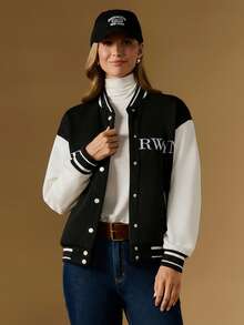 Briarwyn Women's Casual Color Block Letter Embroidery Baseball Jacket, Autumn Winter,New Year,Old Money Style - Black and White - View 8