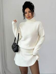 SHEIN Elenzya 2pcs Set: Elegant Commuter White Lapel Long Sleeve Drop Shoulder Knit Sweater & Skirt, Autumn/Winter - White - View 9