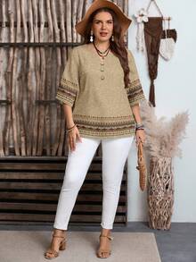 Mellowie Plus Size Women Casual Geometric Print 3/4 Sleeve Loose Blouse, Suitable For Summer Earthy Clothes Women Brown Blouses For Women Tunic Tops For Women Earthy Tops Boho Tops For Women