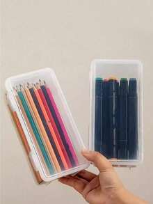 2pcs Large Transparent PP Storage Boxes With Lids, Lightweight Unfinished Surface For Office/School Supplies, Pens, Pencils, Markers, Crafts, Desk Storage, Makeup, Jewelry, Suitable For Girls, Minimalist Style, Portable, Random Color(Only The Box, Without The Pencil.) - Clear - View 2