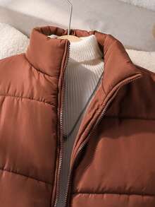 SHEIN Teen Girl Casual All-Match Versatile Sleeveless Short Padded Vest, Autumn/Winter - Brown - View 3