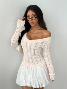 SHEIN PETITE Women's Casual Solid Color V-Neck Ribbed Cable Knit Long Sleeve Sweater Top, Autumn/Winter - White - View 4