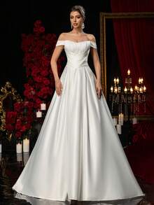 Glamrae Elegant And Glamorous White Satin Off-The-Shoulder Sailboat Neckline, Multiple Boning Details, Full-Body Pleats, And A Super-Large Train, Suitable For Weddings, Bridal Gowns, And Formal Occasions. - White - View 6