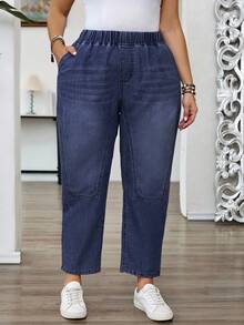 EMERY ROSE Jeans de talle elástico con ajuste holgado y pierna entallada para mujer de talla grande - Azul lavado oscuro - Ver 5