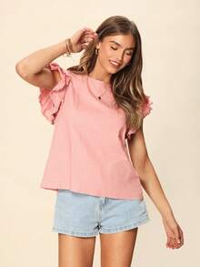 SHEIN LUNE 素色蝴蝶袖襯衫 - 粉色 - 查看 4