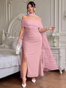 Roveilla 大码女士优雅露肩开衩修身浪漫露背派对连衣裙，适合圣诞派对、正式场合。大码优雅连衣裙，大码伴娘礼服，曲线连衣裙，露肩大码连衣裙，曲线优雅连衣裙 - 淺粉色 - 查看 4