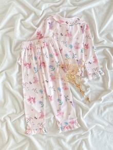 SHEIN Vintaside Kids 2 件套年轻女孩长袖荷叶边袖口全身印花休闲舒适宽松服装 - 彩色 - 查看 2