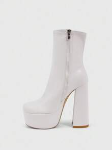 CUCCOO SZL 女式白色方头粗跟防水台弹力简约正式侧拉链踝靴和短靴 - 白色 - 查看 6