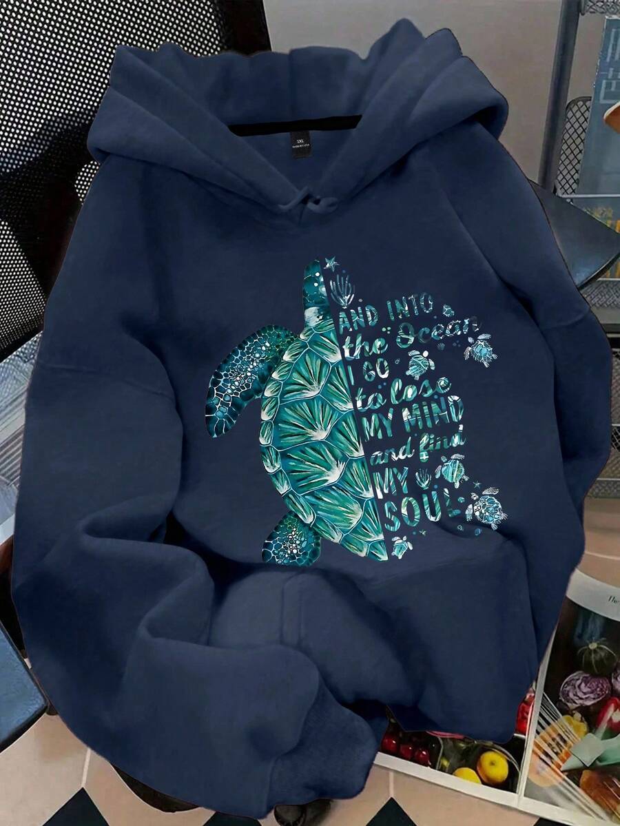 EMERY ROSE Plus Size Women's Sea Turtle Print Hot Selling Draw Rope Sweatshirt - Navy Blue - View 1
