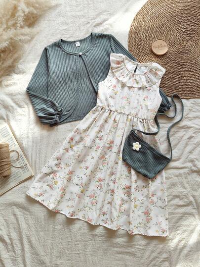 SHEIN Vintaside Kids 女孩碎花连衣裙 + 开衫套装，花卉装饰配饰，时尚百搭，适合春秋季日常穿着