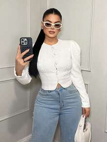 SHEIN SXY Áo khoác ngắn tay lửng vải họa tiết thanh lịch dành cho nữ, màu trơn, thích hợp mặc đi làm và đi chơi - trắng - Xem 3