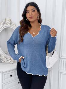 Calvaya 大码休闲拼色毛衣，秋冬 - 薄荷藍 - 查看 4