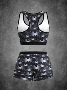BATMAN X SHEIN Ensemble de lingerie pour femmes avec soutien-gorge à encolure échancrée et culotte à motif géométrique - Noir - Voir 2