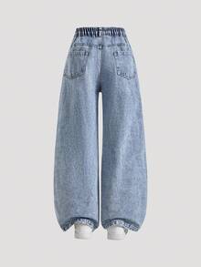 SHEIN Quần jeans denim rách ống đứng đơn giản, rộng rãi, giặt sạch dành cho bé gái tuổi teen + Quần denim cạp chun cơ bản + Quần denim rách màu xanh nhạt, phù hợp với mọi mùa, chất liệu vải thoải mái - Rửa nhẹ - Xem 2
