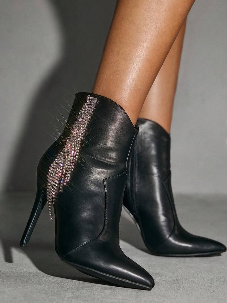 CUCCOO SZL Women's Fashionable Black Fringe Rhinestone Pointed Toe Stiletto Ankle Boots