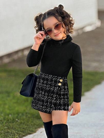 Firerie Kids Firerie Kids 2 件套年轻女孩高领 T 恤和格子短裙，适合日常和通勤穿着，秋季