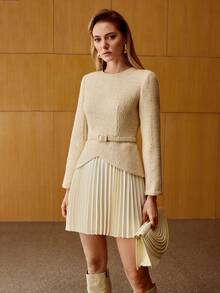 MOTF PREMIUM TWEED BODICE PLEATED HEM BUCKLE BELTED ELEGANT COMMUTING DRESS - Yellow - View 6