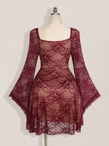 SHEIN ICON Plus Size Square Neck Ruched Lace Flare Sleeve Contrast Color Dress, Y2K Party Dress, Halloween Costume, Witch - Burgundy - View 2