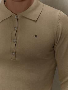 Musero 男士精纺针织修身长袖四分之一扣 Polo 衫，刺绣细节，春夏衣橱胶囊系列 - 棕色 - 查看 6