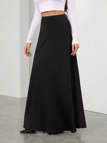 SHEIN Tall 女式松紧腰纯色简约时尚长款 A 字裙，女士休闲不对称长款常规版型自然黑色纯色女裙，春秋季，休闲日常穿着