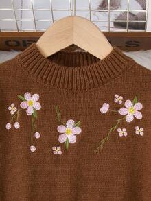 SHEIN Vintaside Kids Váy len dệt kim thêu eo cổ cao thời trang mới dành cho bé gái, hoàn hảo cho các bữa tiệc, chuyến đi chơi, kỳ nghỉ và mặc hàng ngày vào mùa thu và mùa đông - màu nâu - Xem 3